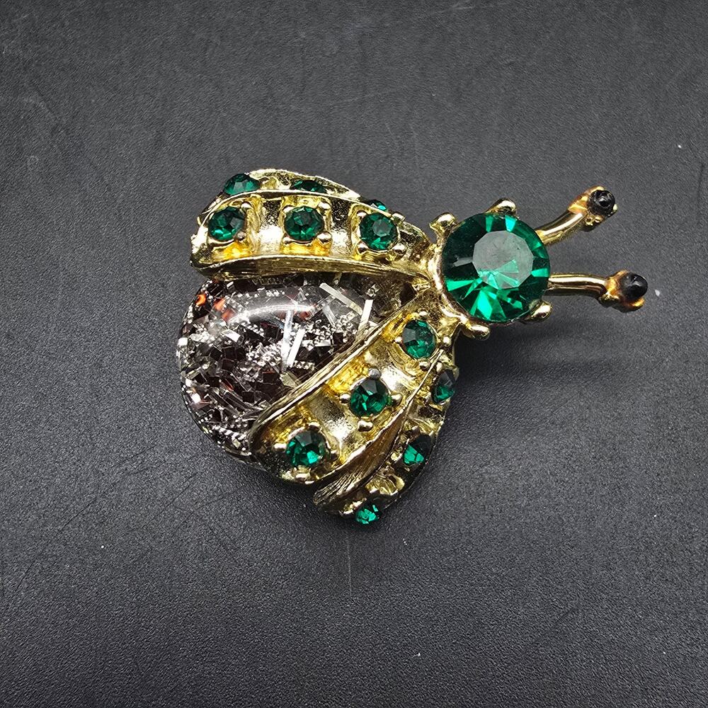 Confetti Lucite Bug Beetle Brooch Gold Tone Green Rhinestone Vintage Insect